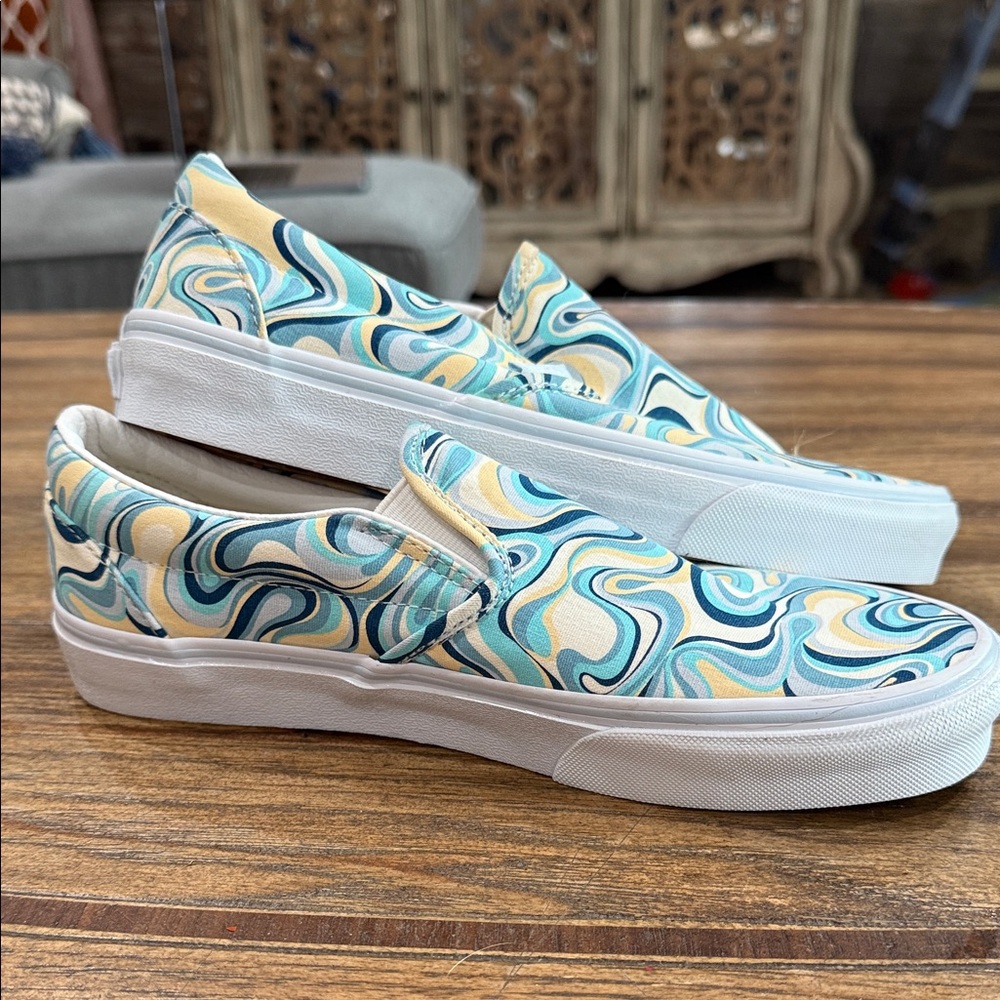 Vans Blue and Yellow Swirl Slip-Ons